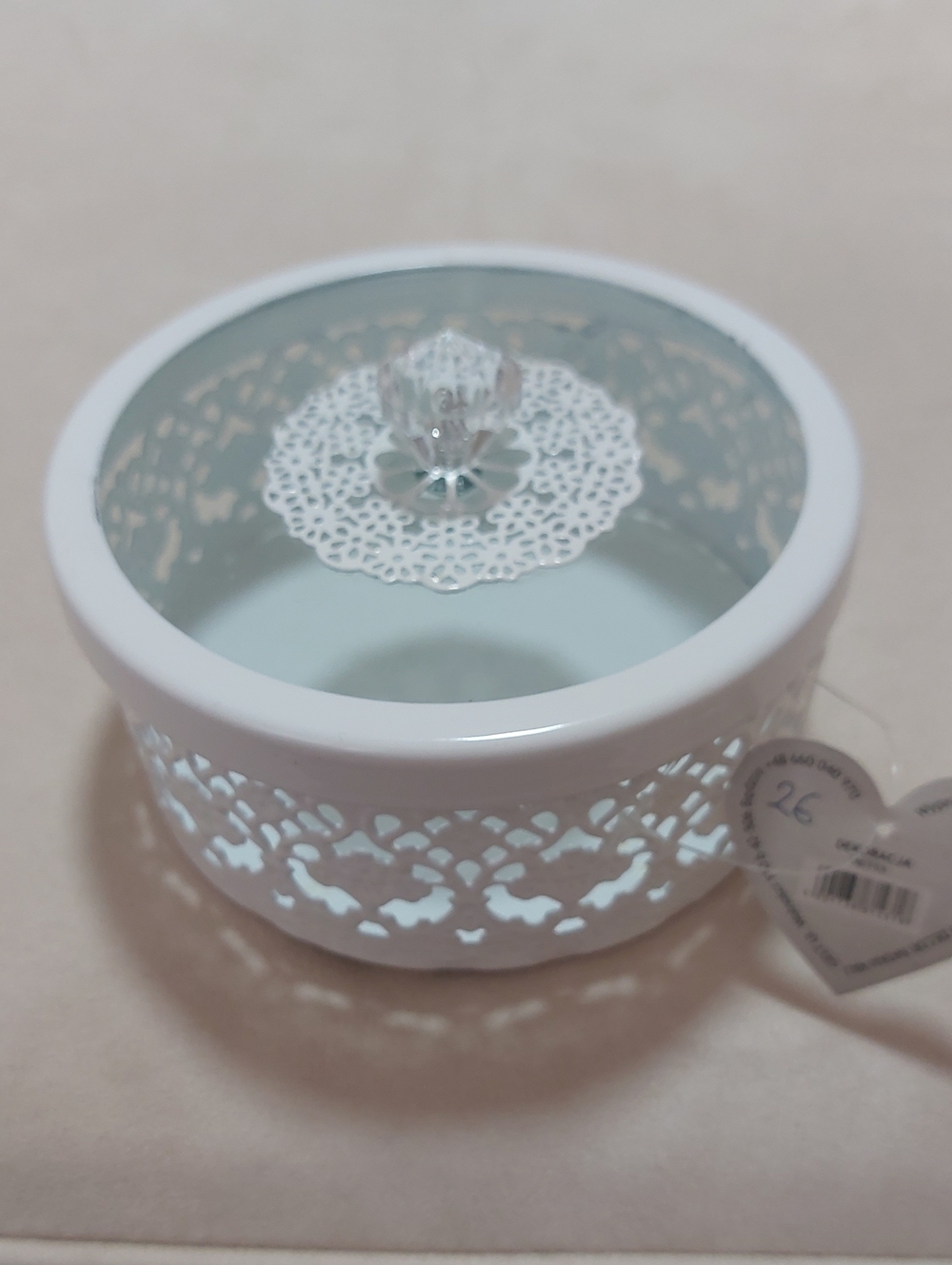 White Decorative Metal Lace Glass-Lid Jewelry Dish with Cristal Ball
